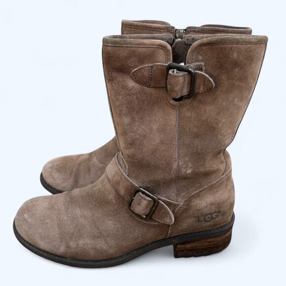 UGG Australia Chaney Brown Moto Engineer Boots Shearling Lined Suede Women's 8.5 - Picture 1 of 15